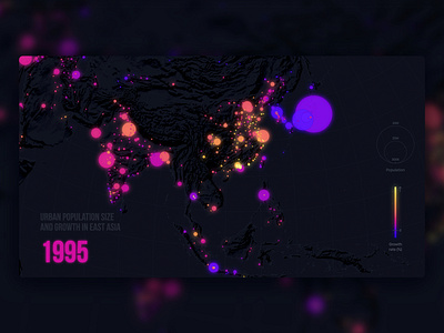 Urban population size and growth in East Asia (1995) close-up blue d3 data visualization design geography gradient map mapping pink purple yellow