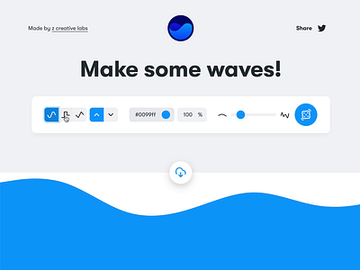 Landing page for getwaves.io animation blue design generative generative art generator randomize shapes svg tool toolbar ui vector wave