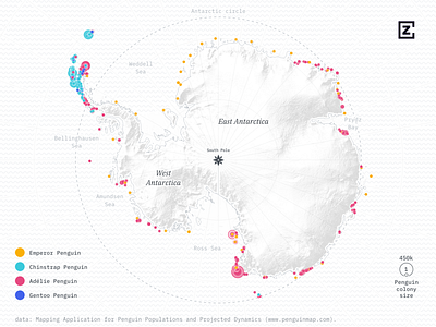 A map of more than 3600 penguin colonies in Antarctica animal antarctic antarctica blue cartography d3 dots grey map penguin penguins pink