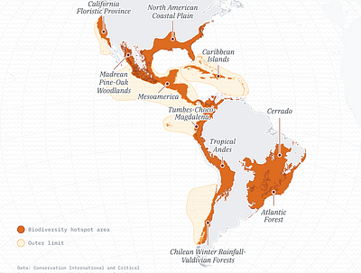 A map of biodiversity hotspots in the Americas cartography data visulization data viz design map maps orange