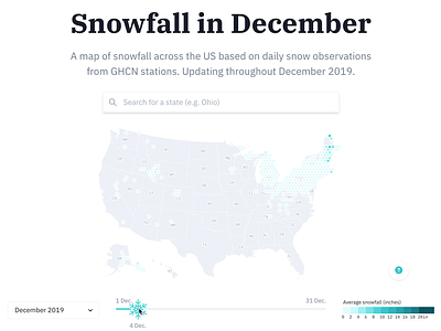 Snowfall in December across the US animation blue cartography d3 data visualization design map mapping maps reactjs snow snowflake svg weather