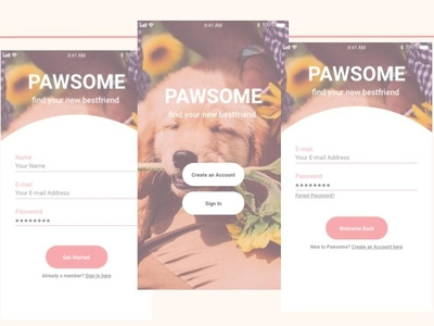Pawsome App Sign Up Page - Daily UI 001 animation app daily 100 challenge dailyui dailyui001 dailyuichallenge design ui ux