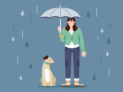 Miss. Doggy blue dog flat illustration girl rainy