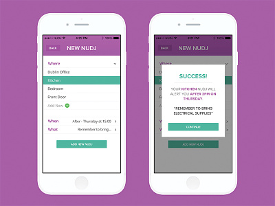 Nudj - Reminder App app green ios iphone mobile modal notification popup purple