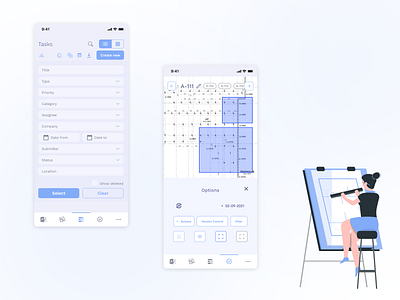 App for construction apartment plan building construction design drawing filters mobile app table team ui website