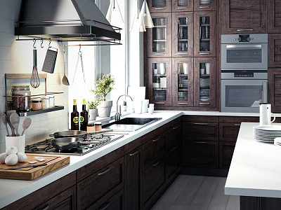 Kitchen interior 3d dribbble illustration invite kitchen rendering vray wood