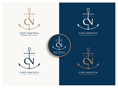 Nautica Cafe logo anchor bar branding custom fish grill logo mark monogram nautical seafood restaurant