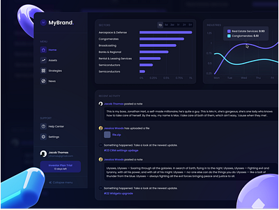 Stock Dashboard - Dark UI Theme activities activity analytics analytics app analytics chart analytics dashboard analyticschart analyticscharts dashboard ui data data visualization investment market menu notifications timeline