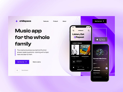 Chillspace music app - hero section aae after effects cta gradient hero landing landing page logo menu mesh mobile mockup motion motion graphics music music app phone player section wide