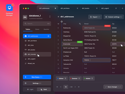 Database Manager software for Mac app columns dark dark theme dashboard database desktop app lists menu queries rows search settings shortcuts switch table tabs theme views webapp