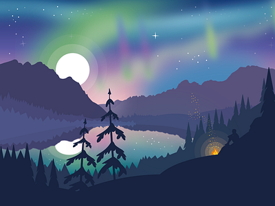 Northen Light Show aesthetic calm campfire camping cliff cold flat forest freelance freelance designer graphicdesign illustration lake moon mountains northern lights stars travel vector welcome