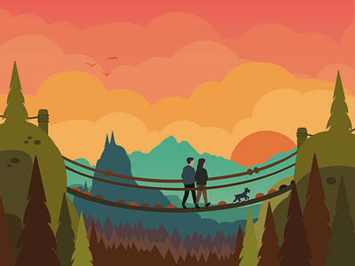 Good Morning aesthetic bridge cliff clouds couple dog flat forest goodmorning graphicdesign illustration morning mountain mountains nature romantic summer sun vector warm