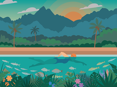 Summer Splash! 🌊 digitalart dive fish fun graphicdesign hawaii illustration mountains ocean oceans palm poster summer sun swim travel tropical vacation vectorart welcome