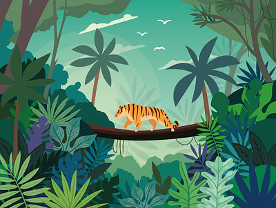 Jungle Illustration 🌿 birds calm cat flat graphicdesign green illustration illustrator jungle jungle book leaves rainforest tiger travel trees vector