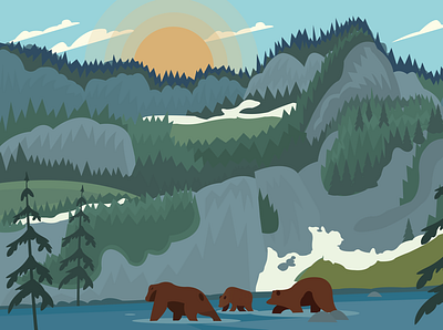Family of Bears 🐻 america animals bear bears camping canada cliff family fishing flat graphicdesign grizzly illustration illustrator lake mountains river sun travel vector
