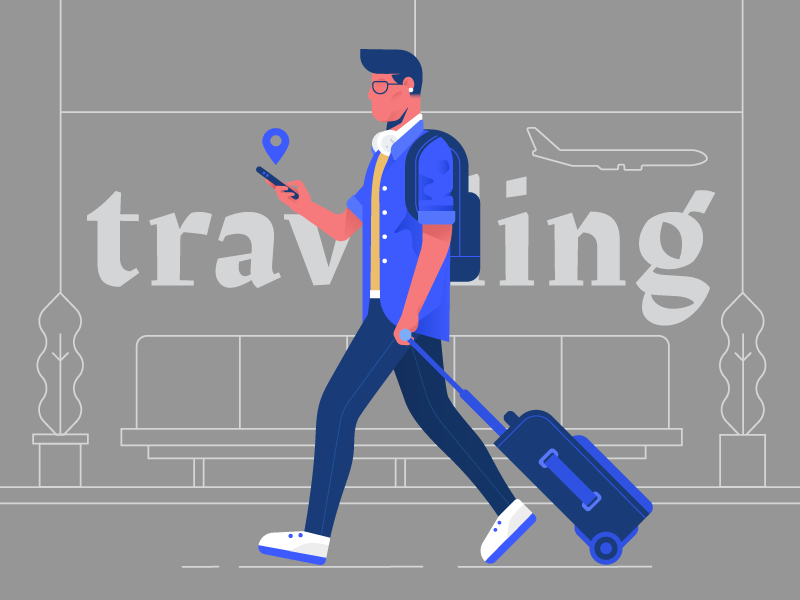 Traveling bag phone person plane airport travel dribbble design artwork digital illustration