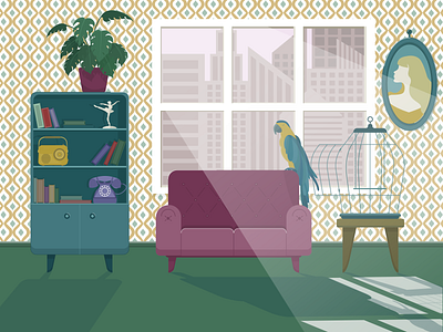 silence furniture illustration parrot plant retro room sofa vector