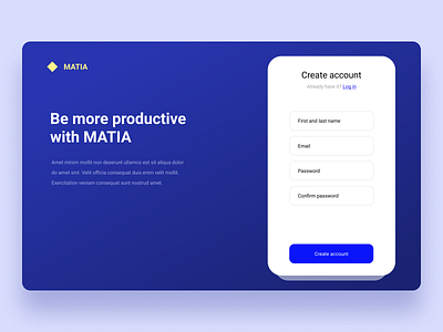 MATIA create account page account dashboard