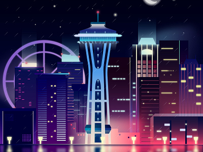 Seattle by night in the rain architecture digital art digitalart freelance gleams illustration illustration art illustrator instagram post landmark landscape night seattle vector