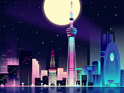 Tokyo At Night architecture design digital art digitalart digitalartist illustration illustration art illustrator japan japanese landmark landscape night tokyo vector