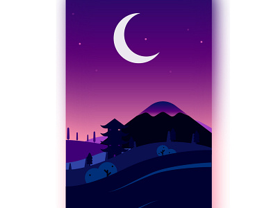 A Starry night architecture blue dark digital art digitalart illustration illustration art japan landmark landscape moon nature night purple purple gradient vector