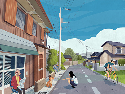 Japan Streets bike dog drawing illustration japan rural street
