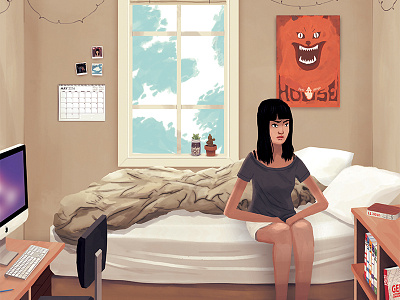 Bedroom awake bed bedroom girl hausu illustration morning