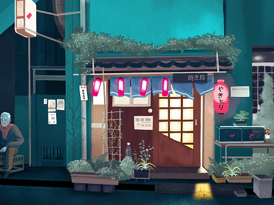 Shopfront drawing illustration japan night shopfront tokyo yakitori