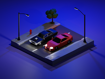 Fast and Furious at night 3d blender colors illustration isometric low poly render