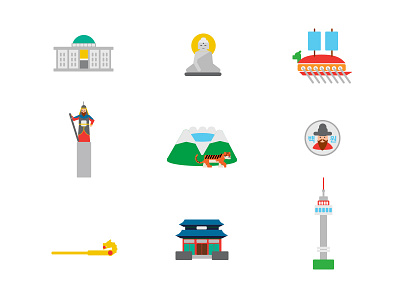 Icons of Korea asia buddah building coin colors icon icons illustration korea tiger tower vector