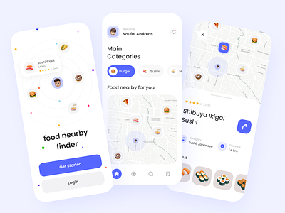 Food Finder App app daily ui dailyui fast food food food finder mobile app design mobile ui mockup design nearby noodle restaurant sushi