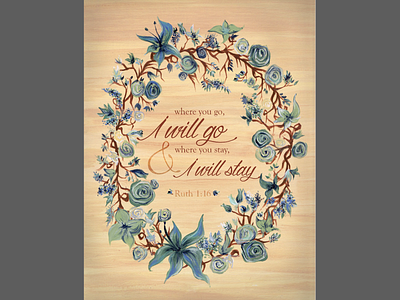 Hand-painted wreath poster 100 days project acrylic bible verse blue flowers green painting poster wreath