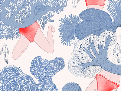 Corail bikini blue coral illustration pattern penwork red sea