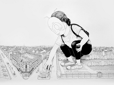 GIANT IN PARIS artwork blackandwhite city dotart drawing giant girl illustration ink paris pointillism street