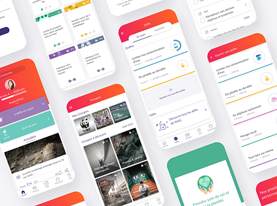 Eco-friendly Lifestyle App - WAG - We Act for Good app cards challenge checkbox design feed footer groups illustration level list mobile navbar newsfeed playful profile progressbar search bar ui ux