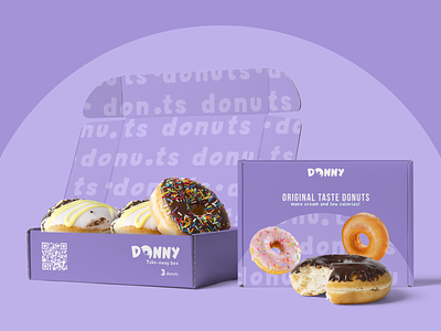 Donny | Logo and take-away box design bakery box box design brand design brand identity donuts logo packagedesign packaging packaging design purple sweets takeaway typography