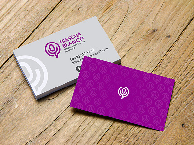 Irasema Blanco - Tarjeta bubble business card feminine mass media microphone purple