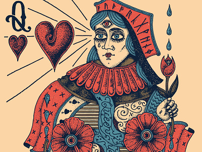 Queen of Hearts cards hand drawn illustration playing cards points queen