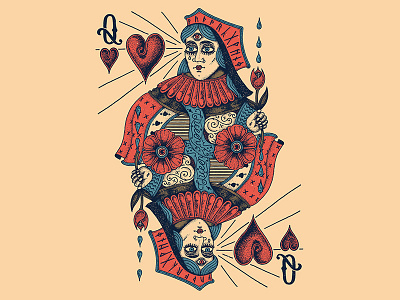 Queen of Hearts - full cards hand drawn illustration playing cards points queen