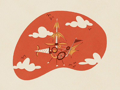 Flyng Machine cartoon clouds flying hamster hand drawn illustration invention plane retro vintage