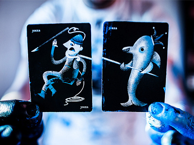 The Dolphin & The Fisherman cartoon dolphin fisherman fishing illustration joker playing cards retro sea shepherd typography