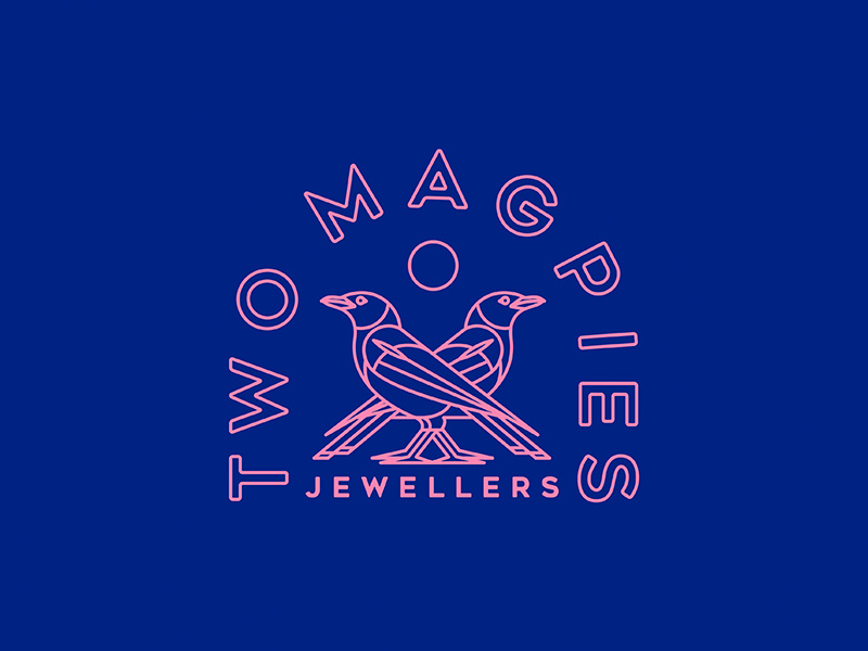 Two Magpies icon branding vector design bold concept jewellery magpies line art logo line art illustration typography logo
