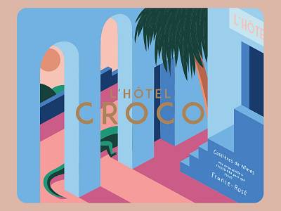 L'hotel Croco Wine Label bold branding crocodile france geometric illustration logo minimal nimes packaging retro type typography vector vineyard wine bottle winery