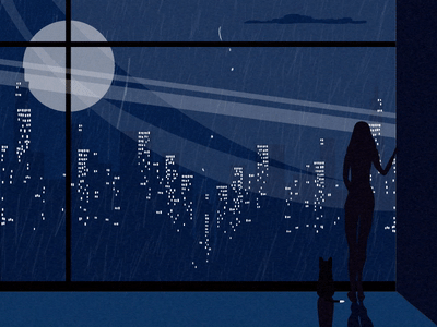 Beautiful Rainy Night animation building cat city cityscape design girl lightning moon motion design night rain rainy storm thunder view window winter