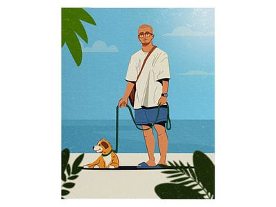 Man with dog beach character illustration portrait postcard summer vector vintage