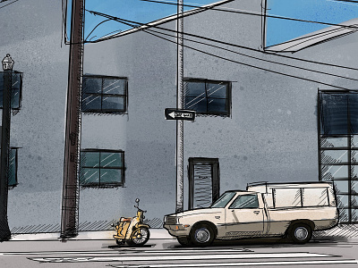 Quiet Street Crossing - Digital Painting car digital illustration digital painting moped street truck urban