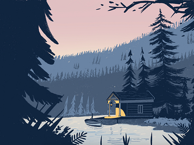 Norwegian Dusk art cabin calm chill color dusk forest gradient graphic illustration lake mood nature norway norwegian pine tree print printing procreate trees