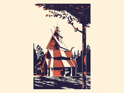 Norsk Folkemuseum art church color couleurs drawing graphic illu illustration norsk folkemuseum norvegian norway ombres oslo poster procreate shadow tree visit