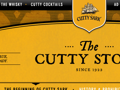 Cutty Sark Header black bottle caslon georgia vintage website whiskey whisky yellow