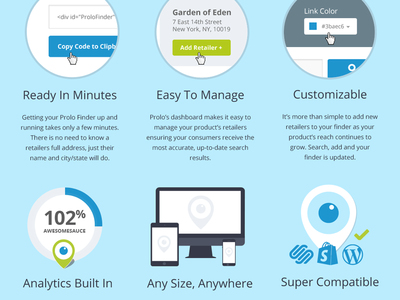 Prolo Features analytics blue graphic infographic monitor pin stats website